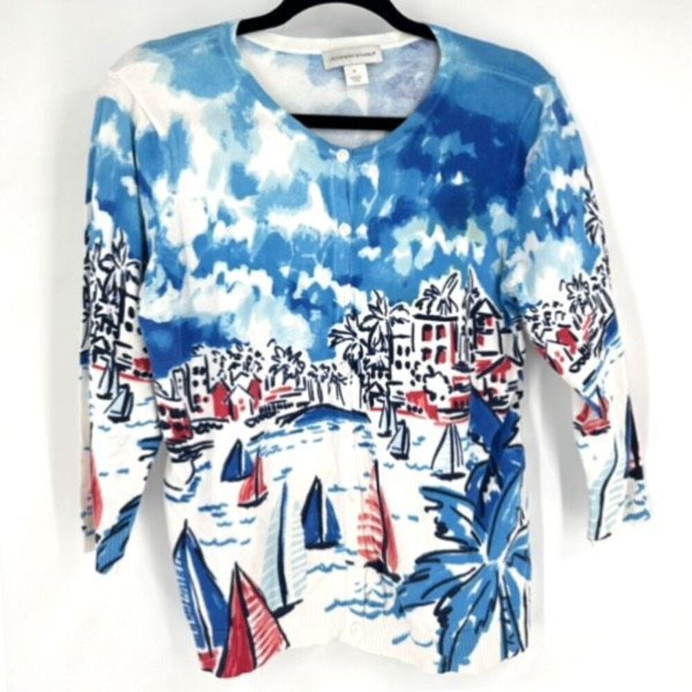 Christopher & Banks Women's Sailboat Beach Cardigan Sweater Blue Medium Coastal